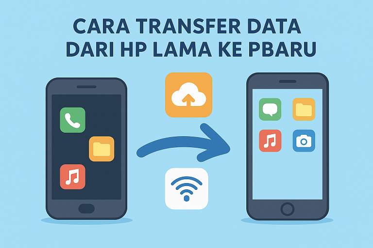 Ilustrasi transfer data dari HP lama ke HP baru menggunakan aplikasi bawaan dan Google Drive