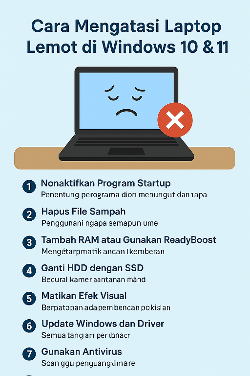 Ilustrasi tips mengatasi laptop lemot di Windows 10 & 11
