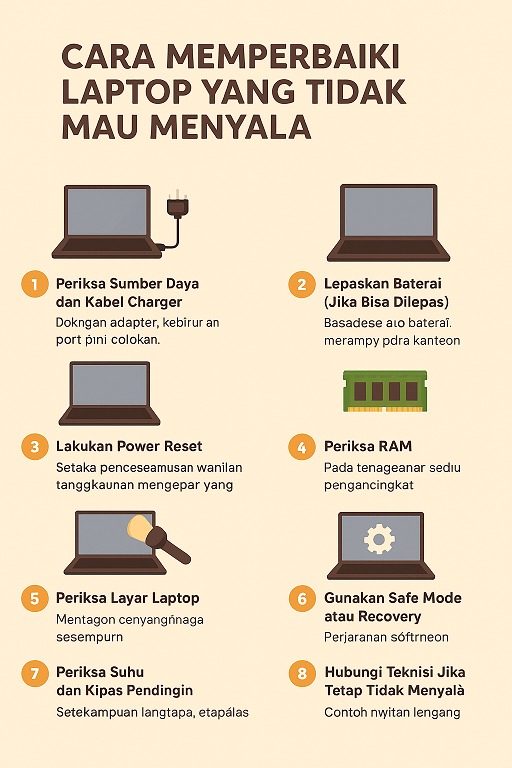 Infografis langkah cara memperbaiki laptop yang tidak mau menyala.