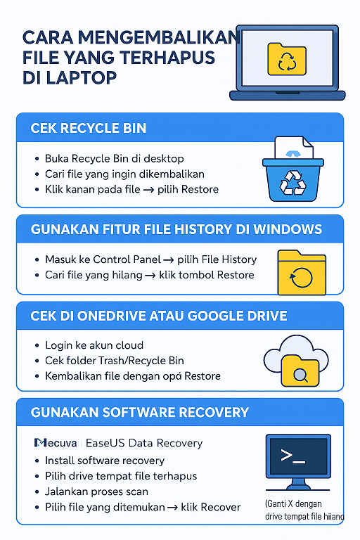 Infografis cara mengembalikan file yang terhapus di laptop Windows.