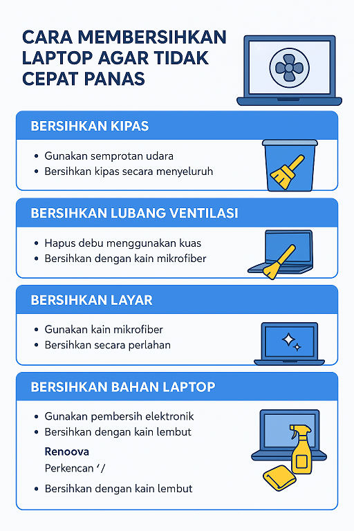 Infografis cara membersihkan laptop agar tidak cepat panas dengan langkah mudah.