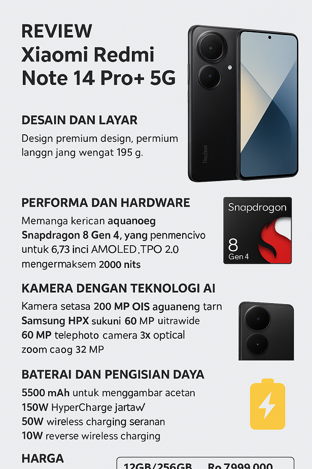 Infografis review Redmi Note 14 Pro+ 5G - spesifikasi, kelebihan & harga