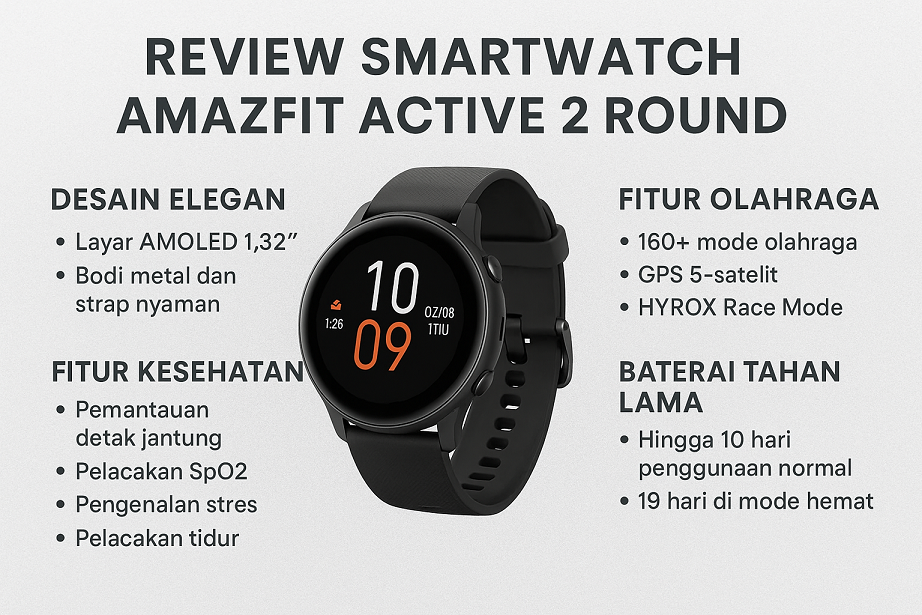 Review Smartwatch Amazfit Active 2 Round Terbaru 2025 dengan desain elegan dan fitur kesehatan lengkap