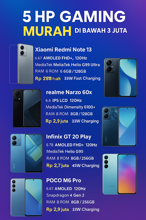 Infografis 5 HP Gaming Murah di Bawah 3 Juta 2025