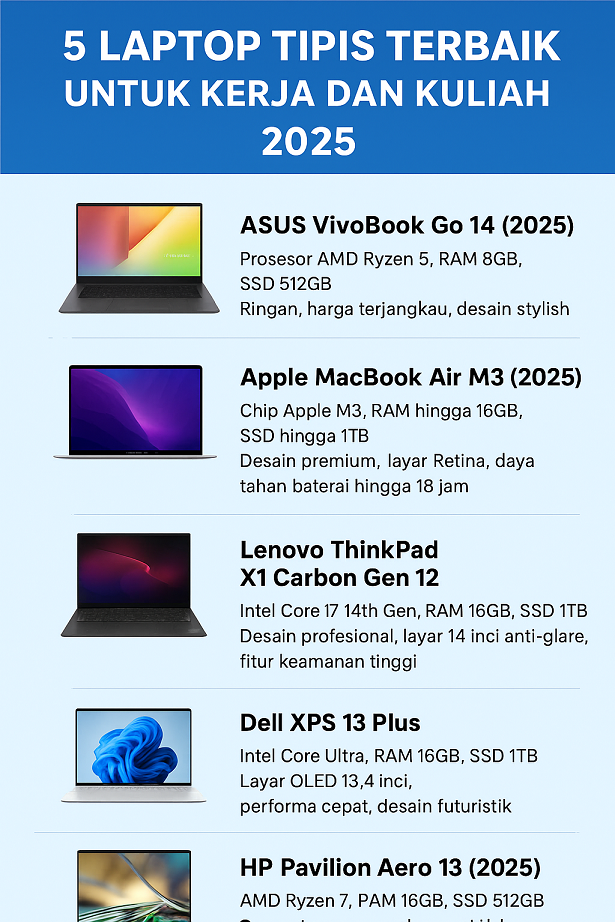 5 Laptop Tipis Terbaik untuk Kerja dan Kuliah 2025