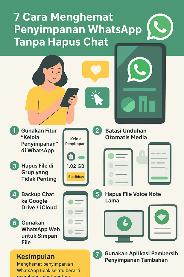 Infografis tips menghemat penyimpanan WhatsApp tanpa hapus chat di HP Android