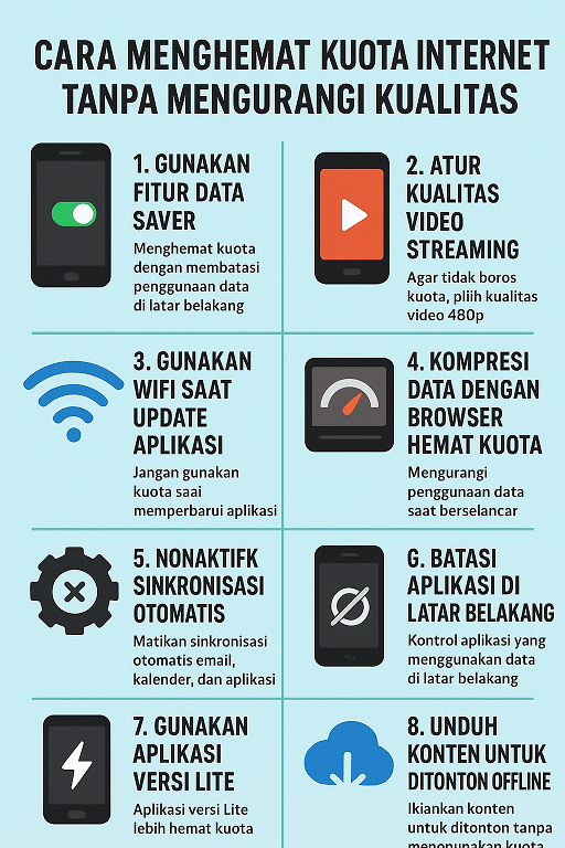 Infografis cara menghemat kuota internet tanpa mengurangi kualitas di HP Android dan iPhone.