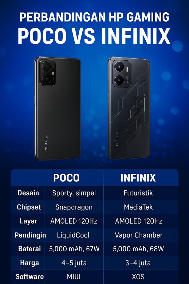 Infografik perbandingan HP gaming Poco vs Infinix, menampilkan performa, spesifikasi, baterai, layar, dan harga.