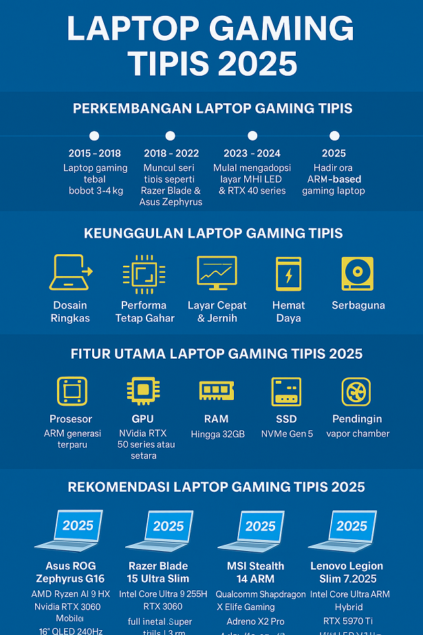 Infografis laptop gaming tipis 2025 dengan fitur unggulan, rekomendasi produk, dan tren terbaru.