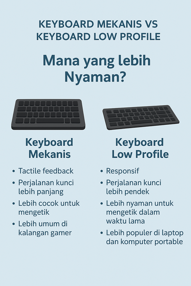 Infografis perbandingan keyboard mekanis dan keyboard low profile dari segi desain, kenyamanan, gaming, durabilitas, dan harga