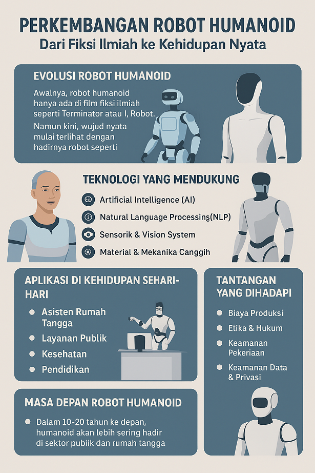 Infografis perkembangan robot humanoid dan peranannya dalam kehidupan sehari-hari.