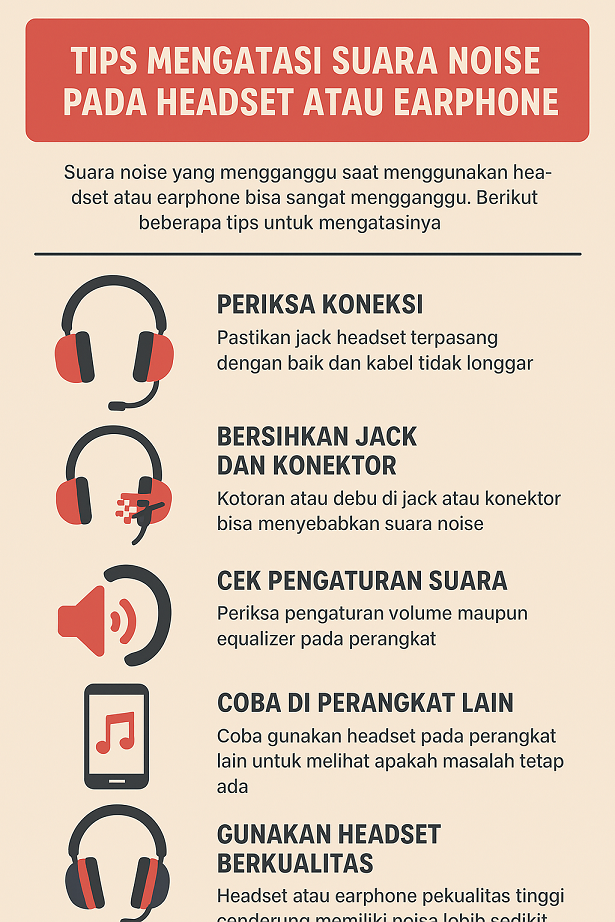 Infografis tips mengatasi suara noise pada headset atau earphone