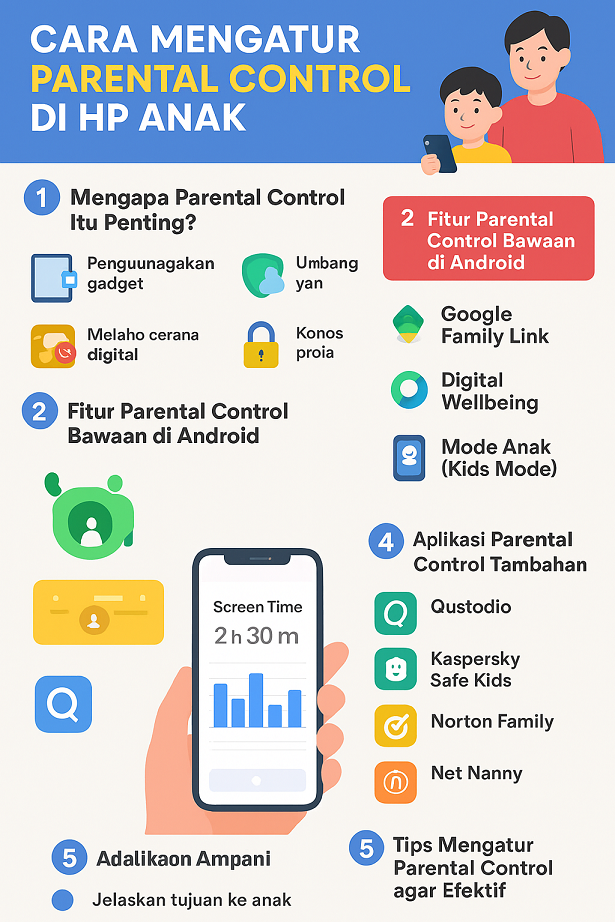 Infografis cara mengatur parental control di HP anak dengan Google Family Link dan aplikasi tambahan