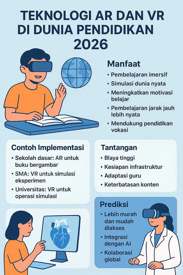 Infografis tentang penggunaan teknologi AR dan VR di dunia pendidikan pada tahun 2026 untuk meningkatkan pengalaman belajar siswa.