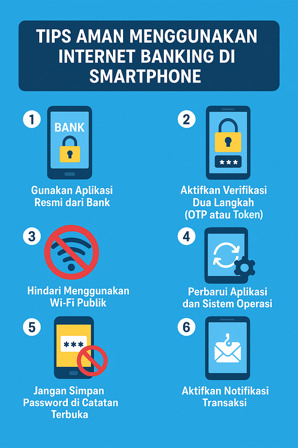 Infografis tips aman menggunakan internet banking di smartphone untuk melindungi data pribadi dan transaksi online.