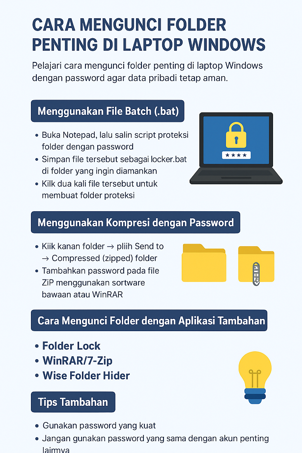 Infografis langkah-langkah mengunci folder penting di laptop Windows dengan password dan aplikasi tambahan