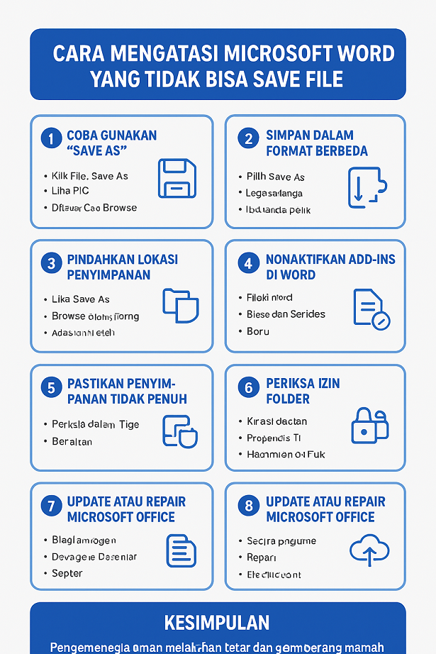 Infografis langkah cara mengatasi Microsoft Word yang tidak bisa save file