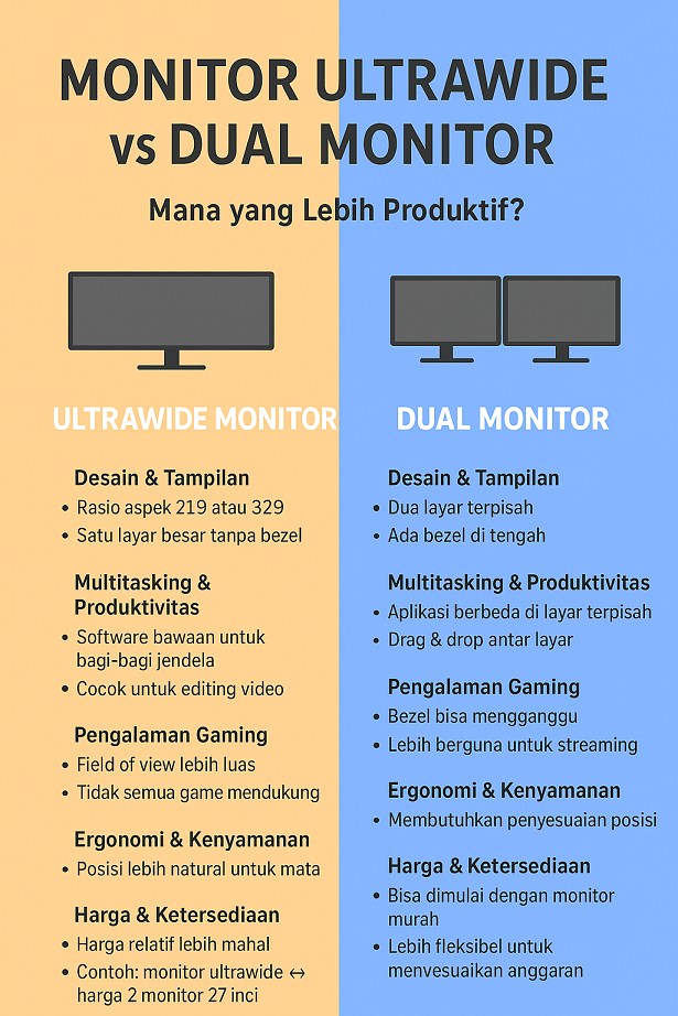 Infografis perbandingan monitor ultrawide dan dual monitor untuk produktivitas kerja dan gaming.