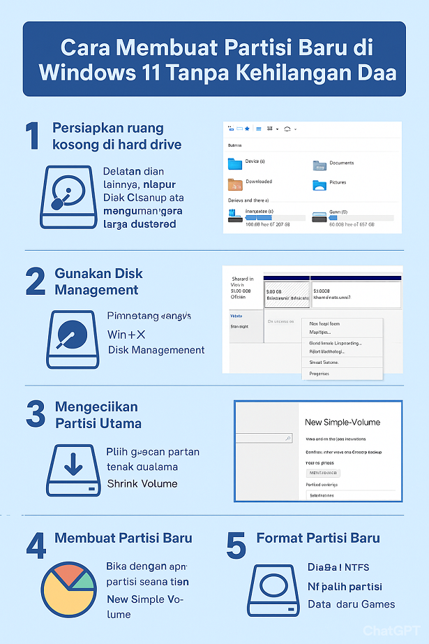 Cara Membuat Partisi Baru di Windows 11 Tanpa Kehilangan Data - Ilustrasi hard drive terbagi partisi