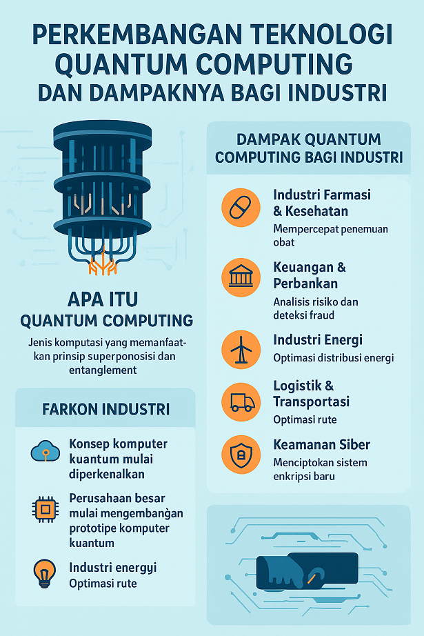 Infografis perkembangan teknologi quantum computing dan dampaknya bagi industri kesehatan, keuangan, energi, hingga keamanan siber.