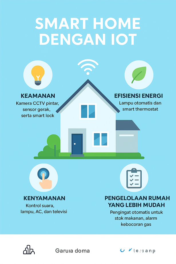 Infografis smart home dengan IoT yang menjelaskan manfaat rumah pintar: keamanan, efisiensi energi, kenyamanan, dan kemudahan pengelolaan rumah."