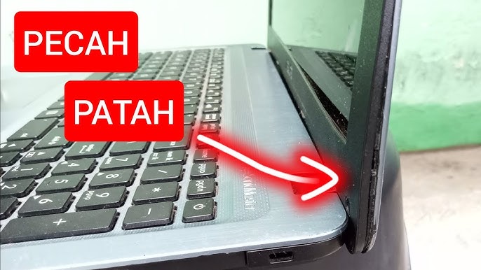 Gambar utama menunjukkan engsel laptop yang rusak atau patah.
